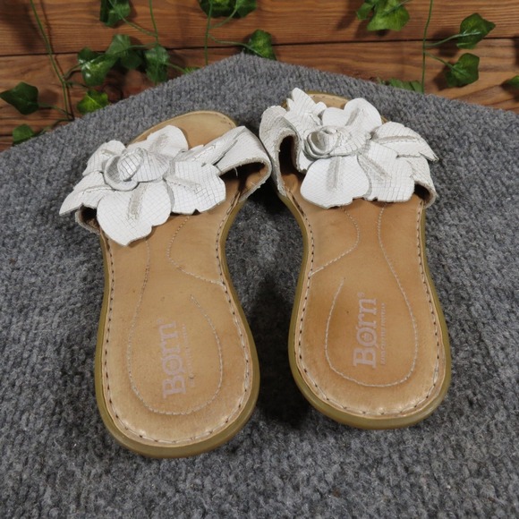Born Mai Womens 6 White Leather Floral Slide Flat Comfort Sandals Casual Summer - Picture 4 of 6